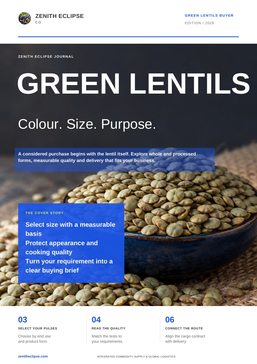 Green Lentils: Colour. Size. Purpose. magazine cover
