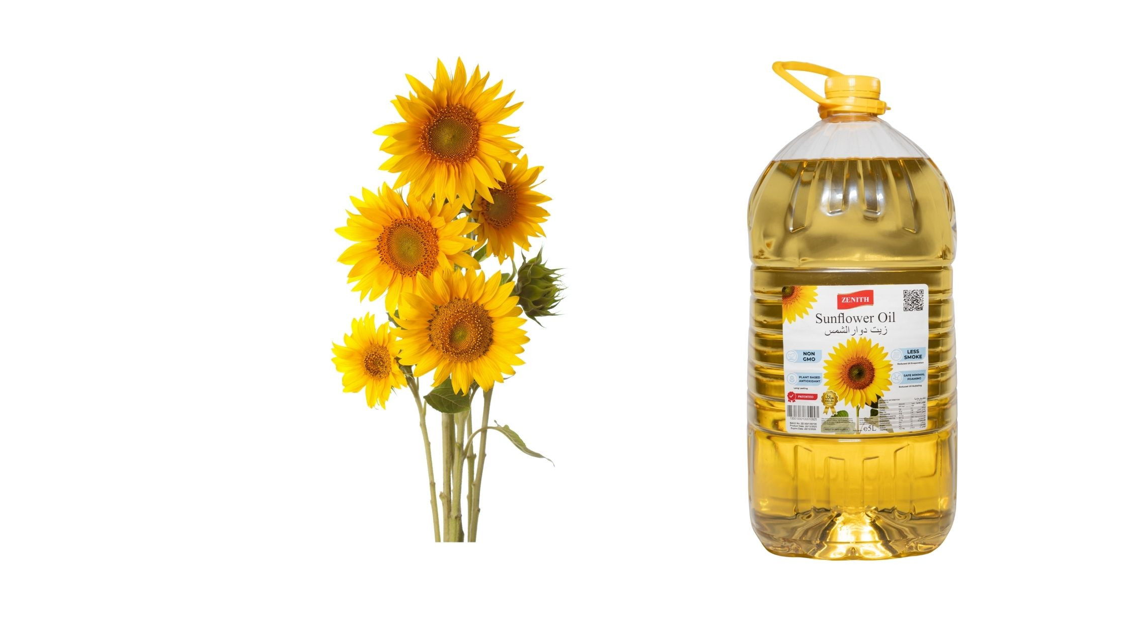 Zenith sunflower oil bottle displayed beside yellow sunflowers.