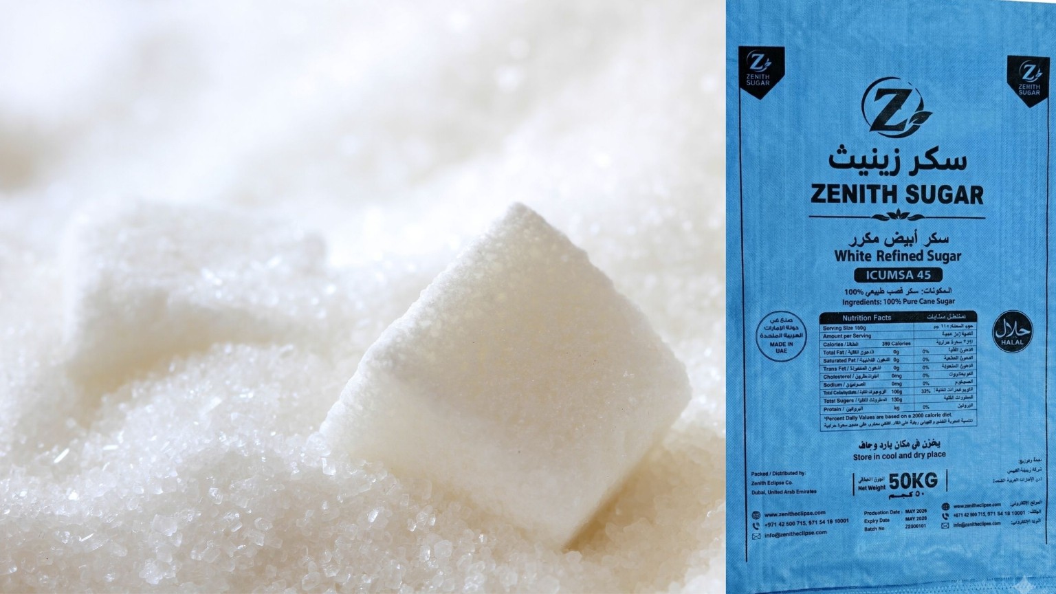 Zenith Sugar ICUMSA 45 refined white sugar and 50 kg bag