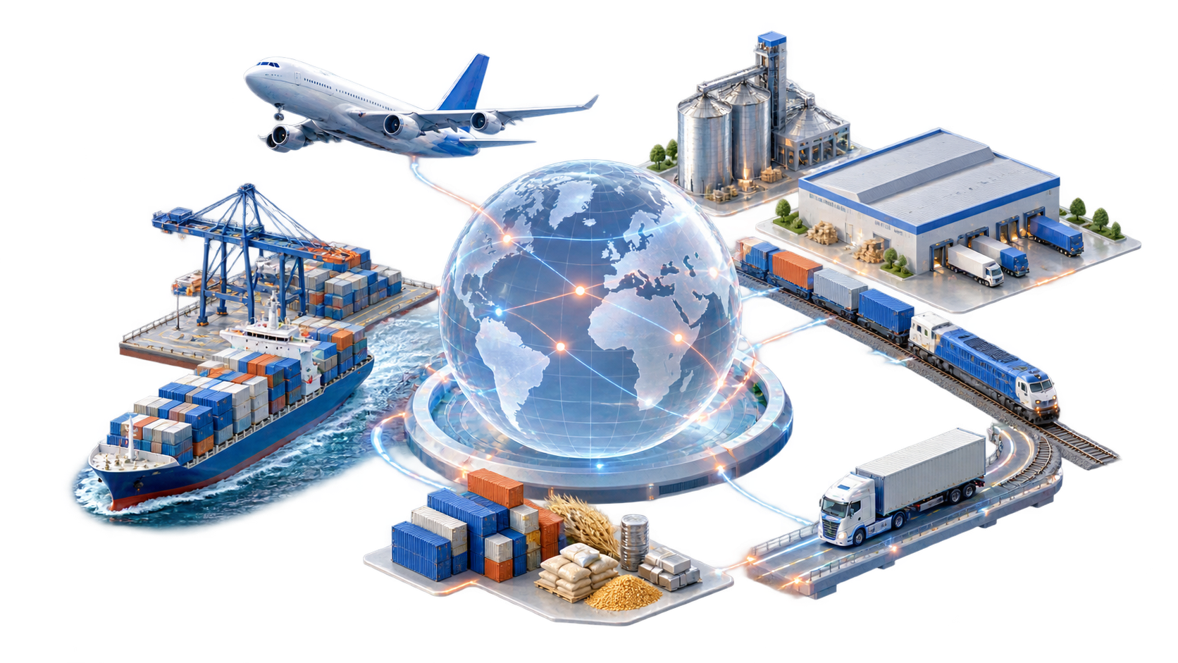 Rede logística global tridimensional com navio, aeronave, trem, caminhão, terminal, armazém e silos de grãos